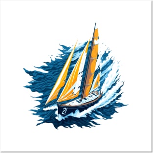 Racing sailing boat sailing on the sea, with blue and yellow ochre tones Posters and Art